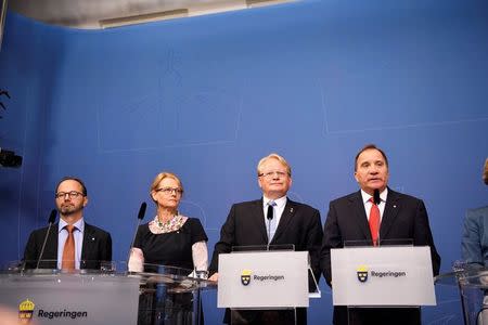 (L-R) Sweden's Infrastructure Minister Thomas Eneroth, Migration Minister Helene Fritzon, Defence Minister Peter Hultqvist, and Prime Minister Stefan Lofven attend a news conference at Rosenbad, the Swedish government headquarters, in Stockholm, Sweden July 27, 2017. TT News Agency/Erik Simander via REUTERS
