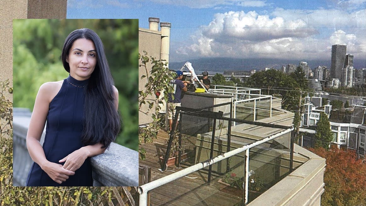 Lawyer Naomi Arbabi, shown at left in a photo from her law firm's website, is suing neighbour Colleen McLelland over the installation of a privacy divider on her deck. (Envision Law Corp/Naomi Arbabi - image credit)