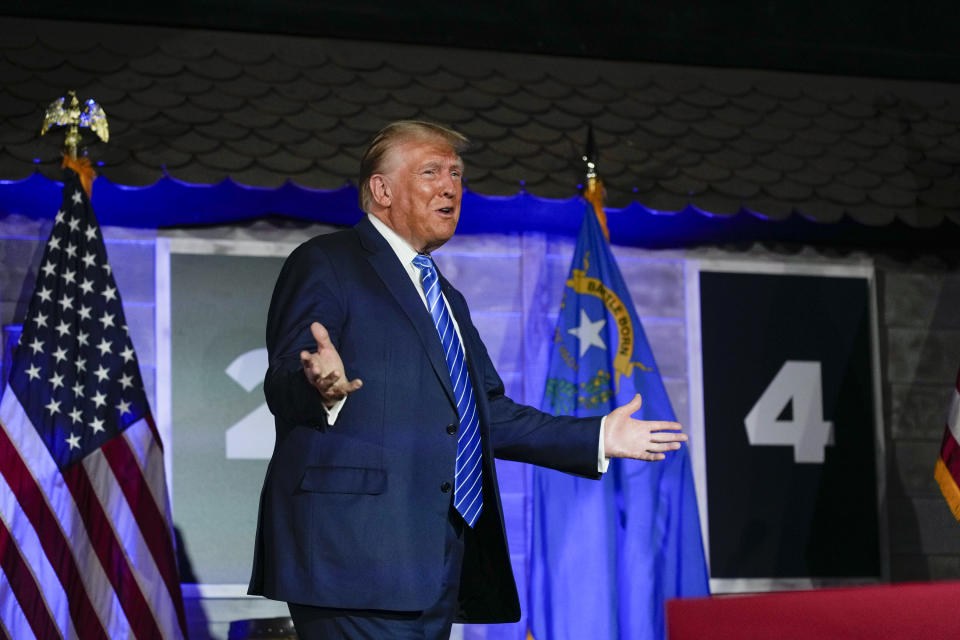 Republican presidential candidate and former President Donald Trump arrives to speak at a campaign event, Saturday, Oct. 28, 2023, in Las Vegas. (AP Photo/John Locher)