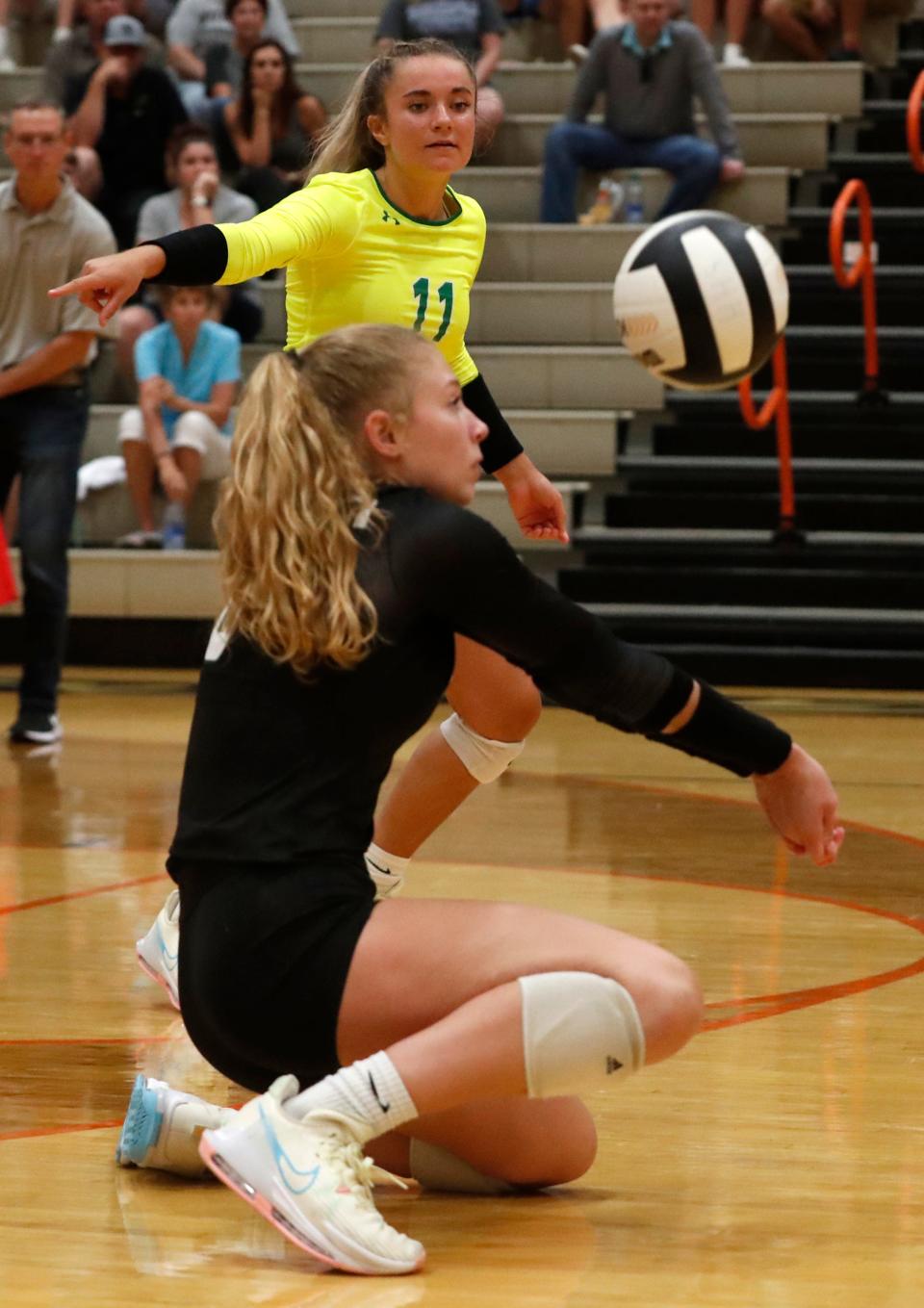 Benton Central outside hitter Sienna Foster (6) hits the ball during the IHSAA volleyball match against Harrison, Tuesday, Aug. 16, 2022, at Harrison High School in West Lafayette, Ind. Foster signed to play volleyball at Purdue.