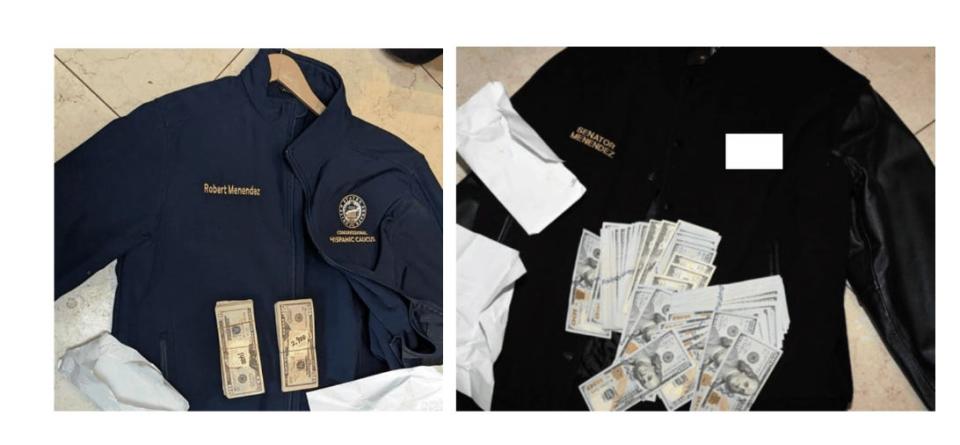 Exhibits from the federal indictment showing cash on top of Menendez's jackets.