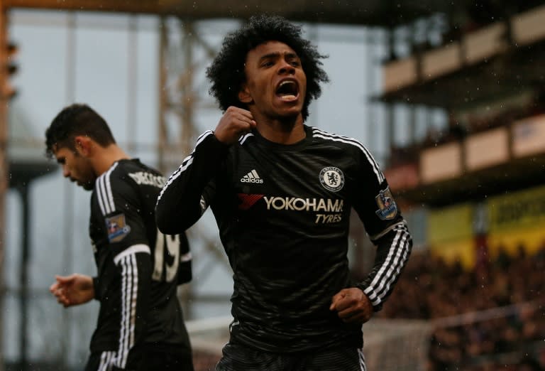 Chelsea's Brazilian midfielder Willian celebrates scoring his team's second goal against Crystal on January 3, 2016