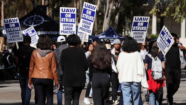 PHOTO: Academic workers at UC San Diego walk out as thousands of employees at the University of California campuses have gone on strike in an effort to secure improved pay and working conditions, Nov. 14, 2022 in San Diego. (Mike Blake/Reuters)