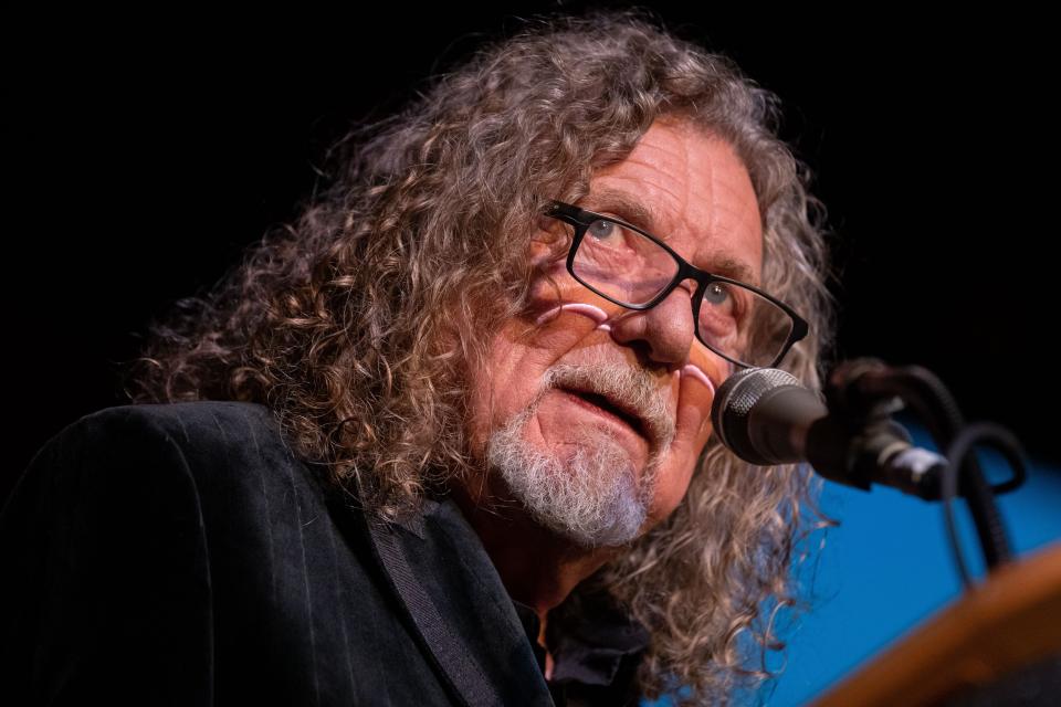 Robert Plant speaks before Priscilla Presley is inducted during the Memphis Music Hall of Fame induction ceremony on Thursday, Sept. 15, 2022, at the Cannon Center for the Performing Arts in Memphis.