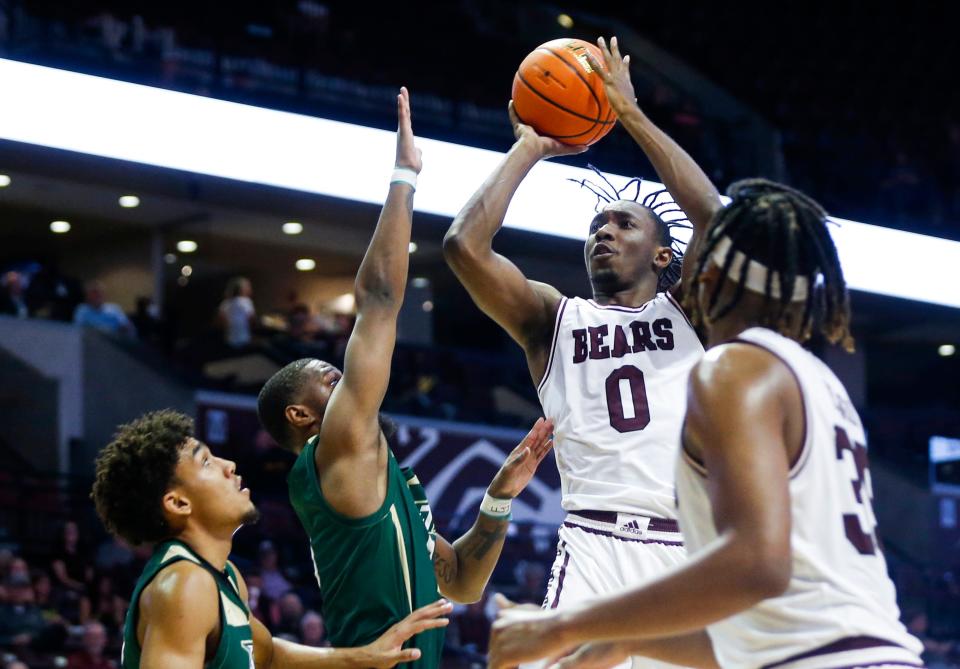 Missouri State's Chance Moore shoots a field goal on the Missouri S&T Miners at GSB Arena on Wednesday, Nov. 9, 2022.