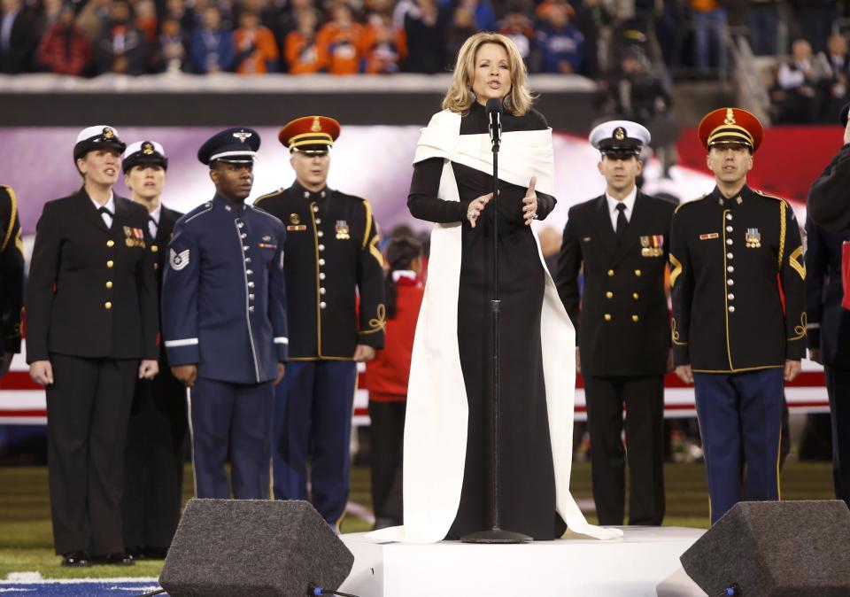 Soprano Renee Fleming sings the U.S. National Anthem prior to the NFL Super Bowl XLVIII football game between the Denver Broncos and the Seattle Seahawks in East Rutherford