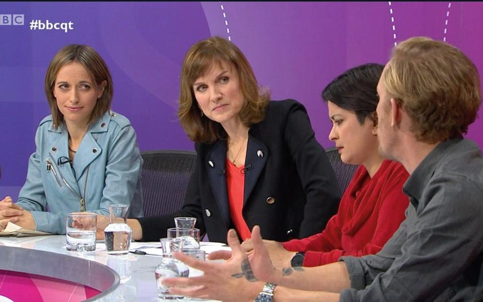 Fiona chairing Question Time in January with Laurence Fox - BBC