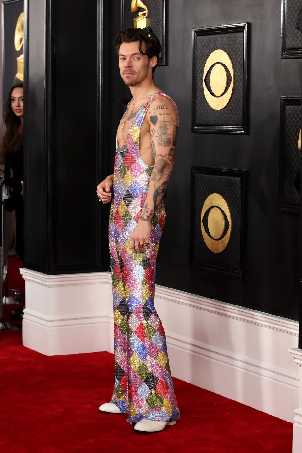 Harry Styles Brought Biceps and a Rainbow Jumpsuit to the 2023 Grammys Red Carpet