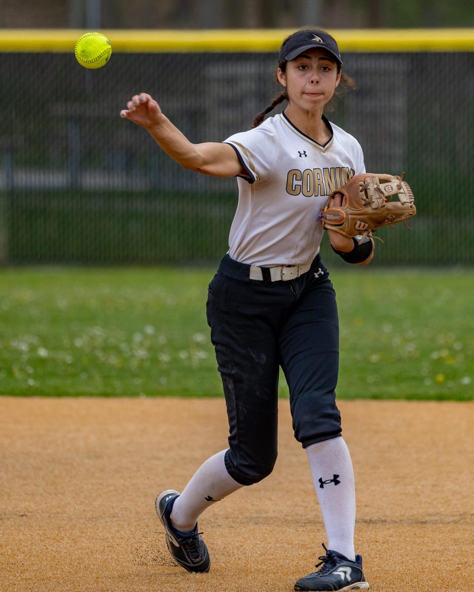 Corning shortstop Atalyia Rijo throws to first in a 6-2 win over Maine-Endwell in the STAC softball championship game at Chenango Valley High School on Saturday, May 14, 2022.
