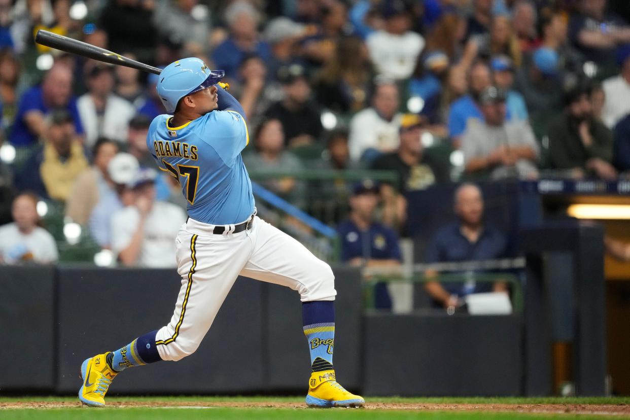 Willy Adames of the Milwaukee Brewers hits a solo home run against the Pittsburgh Pirates in the seventh inning at American Family Field on July 8, 2022.