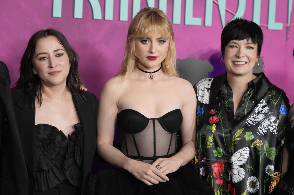 Zelda Williams, left, director of "Lisa Frankenstein," poses with cast member Kathryn Newton, center, and writer/producer Diablo Cody at the premiere of the film, Monday, Feb. 5, 2024, in Los Angeles. (AP Photo/Chris Pizzello)