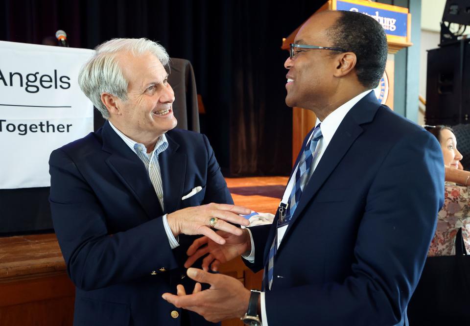 Thomas Griffith, former federal judge of the United States Court of Appeals for the District of Columbia Circuit, talks with Elder Ahmad S. Corbitt, General Authority Seventy of The Church of Jesus Christ of Latter-day Saints, at the Braver Angels National Convention at Gettysburg College in Gettysburg, Pa., on Thursday, July 6, 2023. | Kristin Murphy, Deseret News