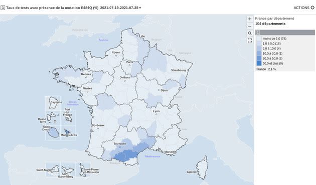 La présence du variant Beta (mutation E484Q dans les tests séquencés réalisés en France à la date du 25 juillet 2021. (Photo: Geodes Santé publique France)