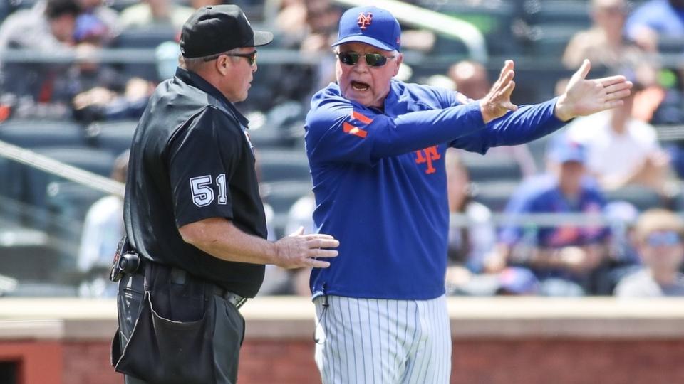 May 7, 2023;  New York City, New York, USA;  New York Mets manager Buck Showalter (11) argues with umpire Marvin Hudson (51) in the first inning against the Colorado Rockies at Citi Field.