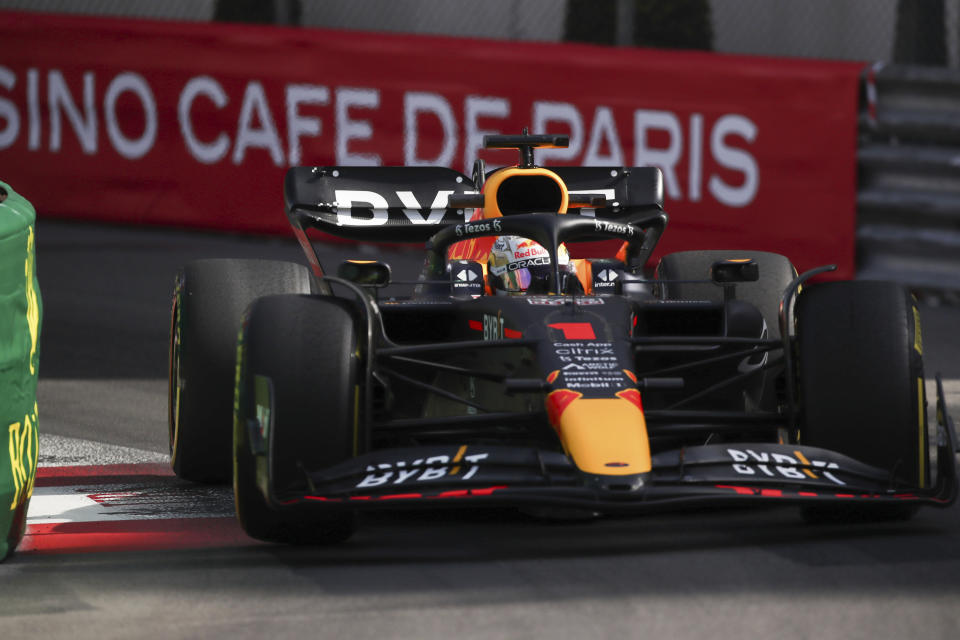 Red Bull driver Max Verstappen of the Netherlands steers his car during the second free practice at the Monaco racetrack, in Monaco, Friday, May 27, 2022. The Formula one race will be held on Sunday. (AP Photo/Daniel Cole)