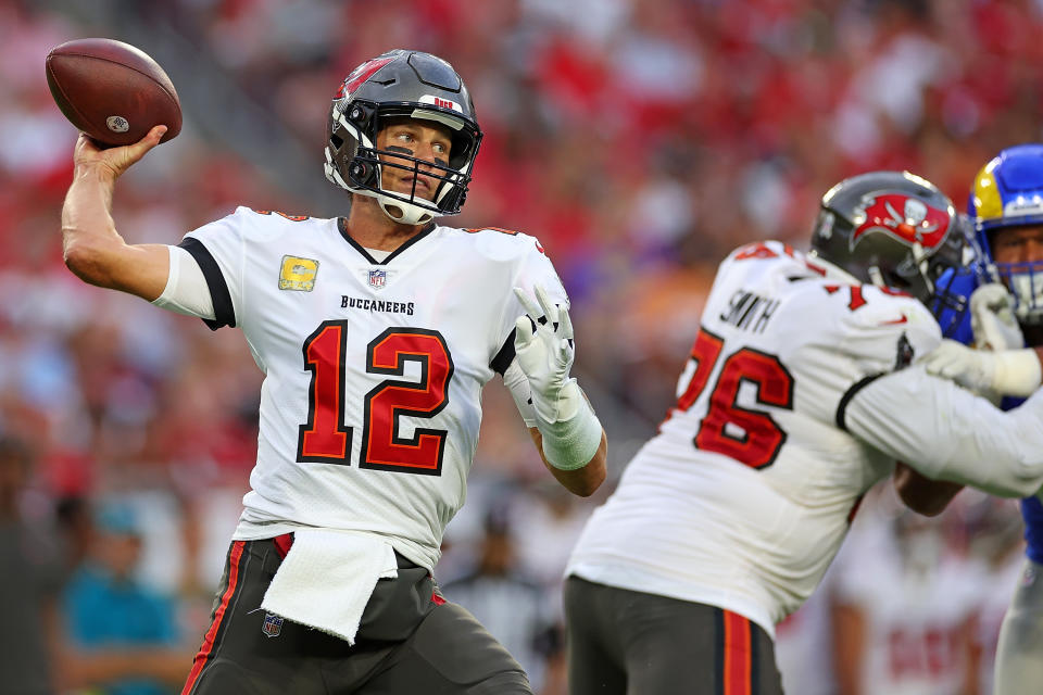 Tom Brady led a game-winning drive and the Tampa Bay Buccaneers beat the Los Angeles Rams. (Photo by Mike Ehrmann/Getty Images)