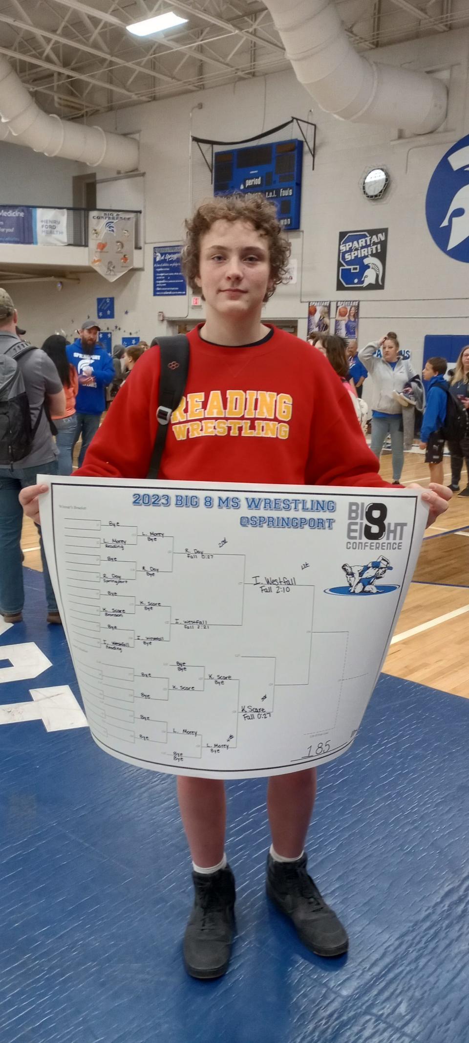 Ranger middle school wrestler Isaac Westfall wins a Big 8 conference title after finishing the season with a 13-0 record.