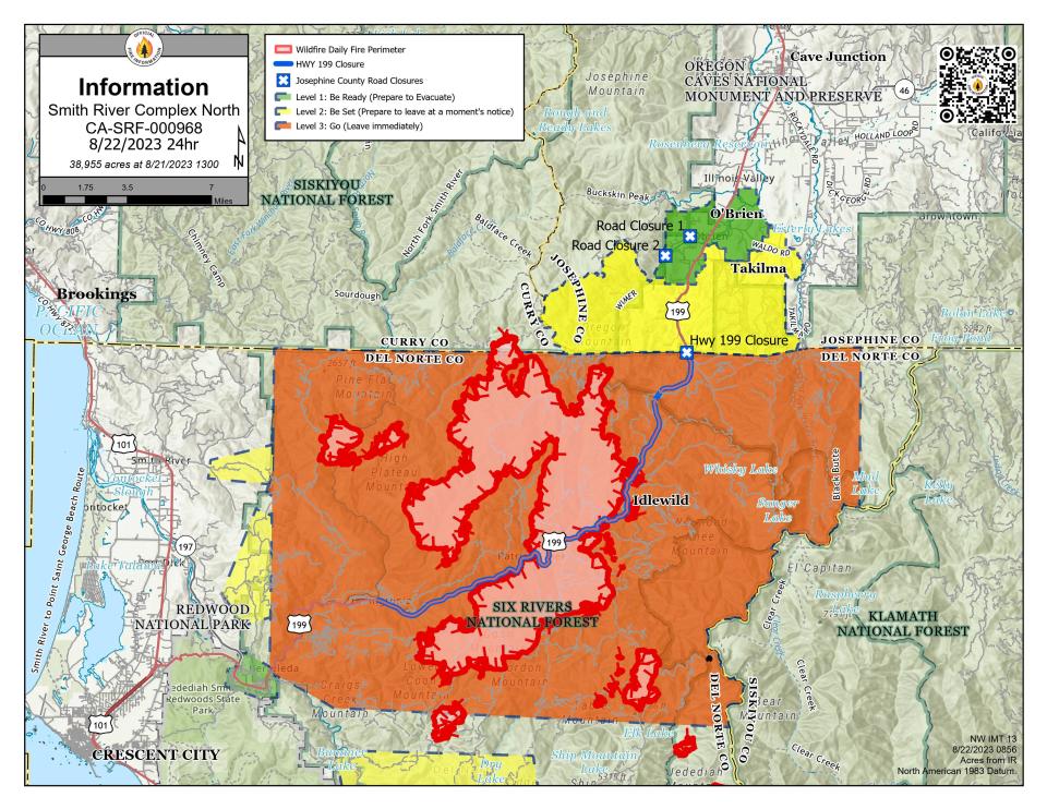 Fire map and evacuation zones due to the Smith River Complex on the Oregon-California state line.