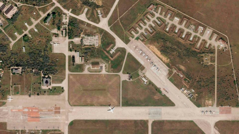 A satellite image by Planet Labs PBC shows aircraft at Saki Air Base before an explosion Tuesday.