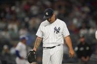 New York Yankees starting pitcher Nestor Cortes Jr. leaves during the fifth inning of a baseball game against the Texas Rangers, Monday, Sept. 20, 2021, in New York. (AP Photo/Frank Franklin II)