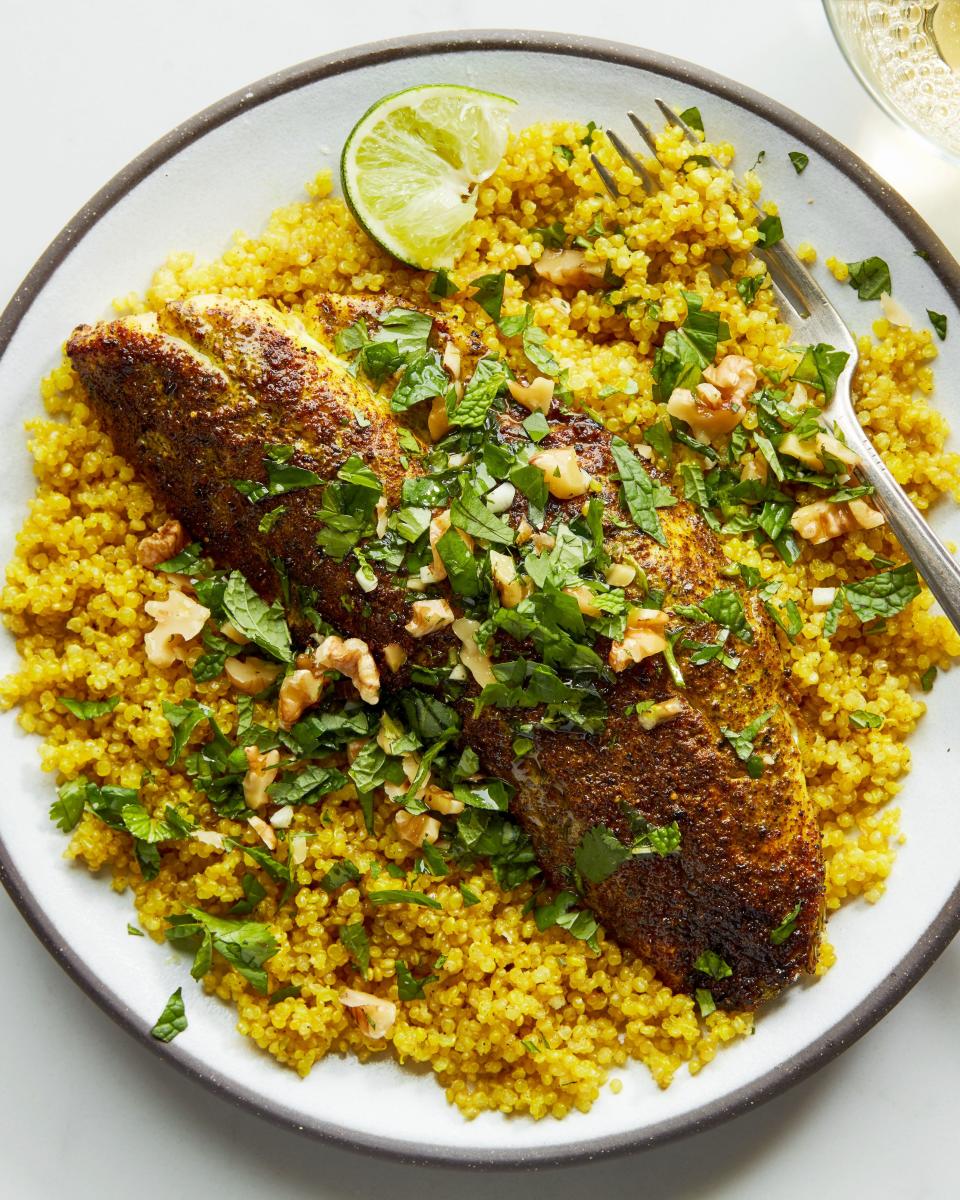 <h1 class="title">Sumac Baked Fish with Saffron Quinoa - IG</h1><cite class="credit">Photo by Joseph De Leo, Food Styling by Anna Stockwell</cite>