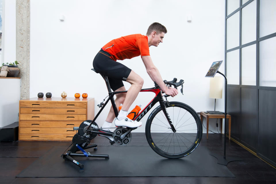 A road bike connected to a Bluetooth-enabled trainer. (Zwift)