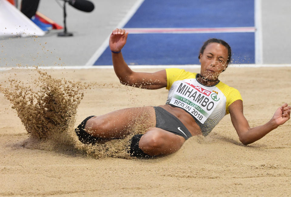 Germany's Malaika Mihambo makes an attempt in the women's long jump final at the European Athletics Championships at the Olympic stadium in Berlin, Germany, Saturday, Aug. 11, 2018. (AP Photo/Martin Meissner)