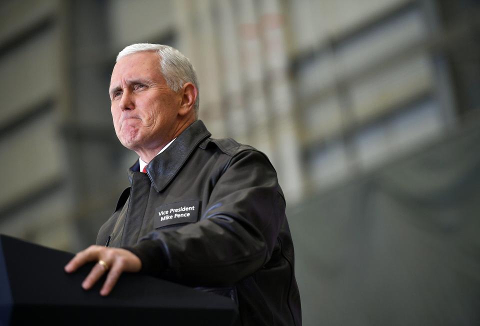 U.S. Vice President Mike Pence speaks to troops in a hangar at Bagram Air Base in Afghanistan on Thursday, Dec. 21, 2017. Mandel Ngan/Pool via AP) ORG XMIT: WX538