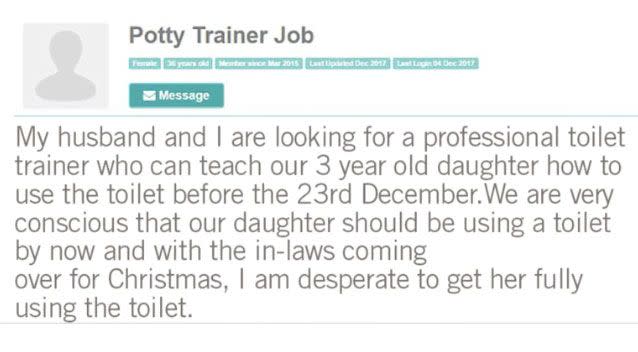 A couple have advertised for a potty trainer for their three-year-old child. Photo: ChildCare.co.uk