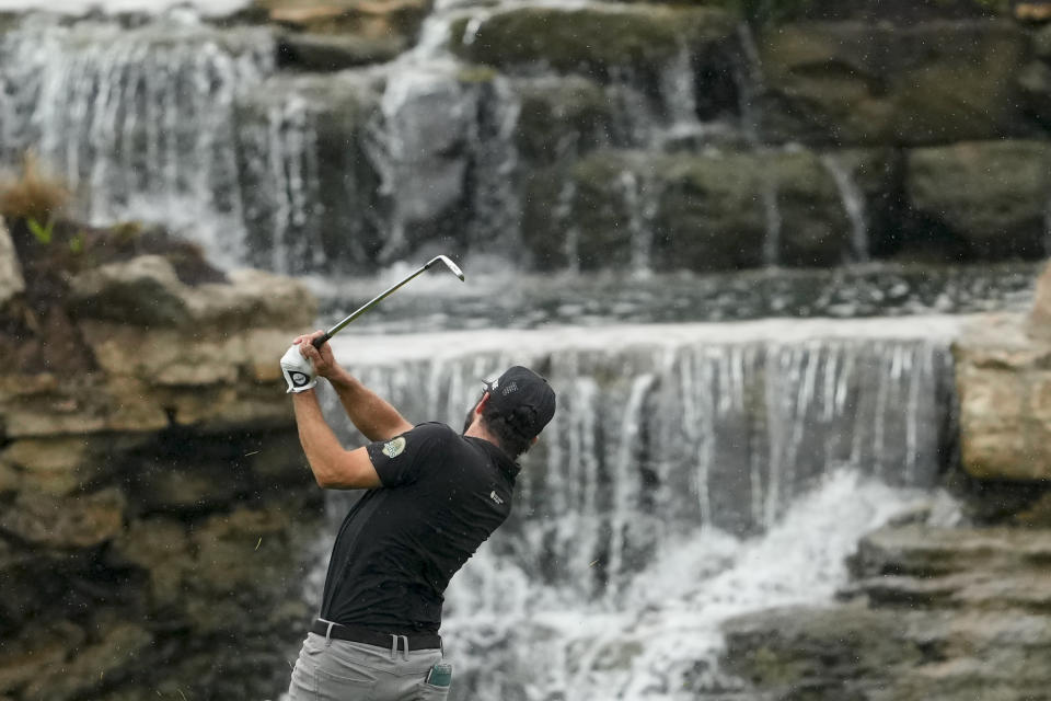Mark Hubbard hits from the fairway on the 18th hole during the second round of the PGA Championship golf tournament at the Valhalla Golf Club, Friday, May 17, 2024, in Louisville, Ky. (AP Photo/Matt York)