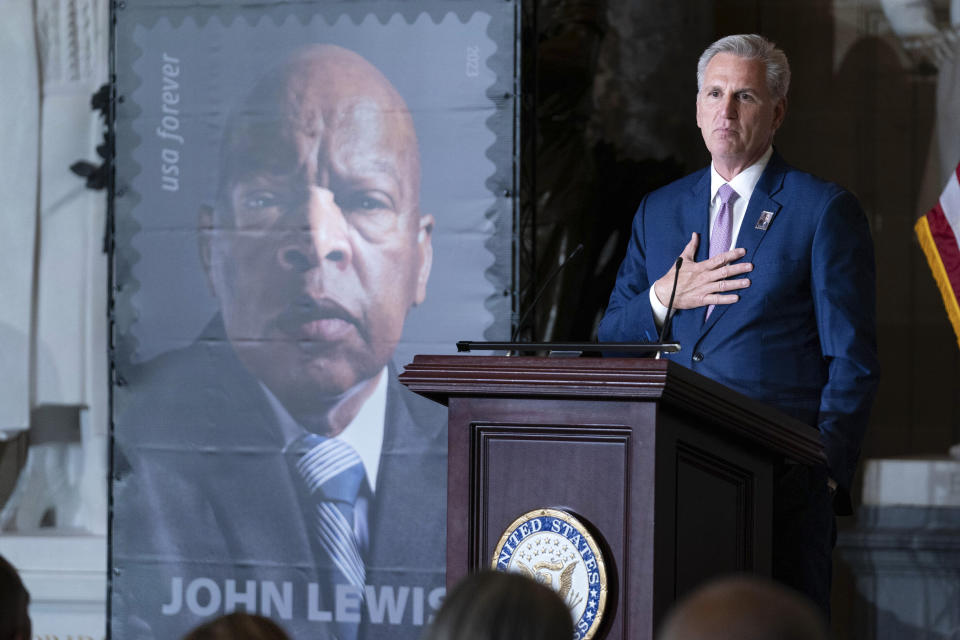 Speaker of the House Kevin McCarthy of Calif., speaks during the stamp unveiling ceremony in honor of Rep. John Lewis on Capitol Hill, Wednesday, June 21, 2023, in Washington. (AP Photo/Jose Luis Magana)