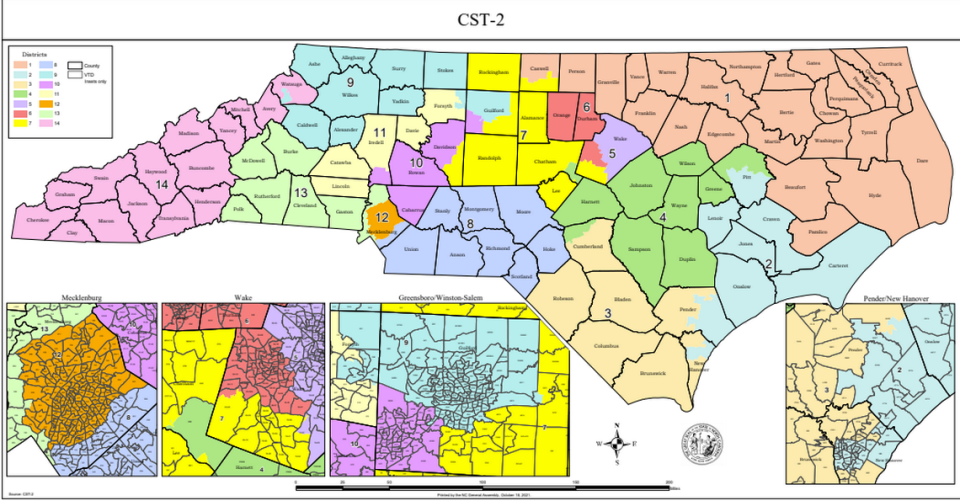 One of the potential congressional maps for North Carolina in the 2021 redistricting process, drawn by a Republican state senator.