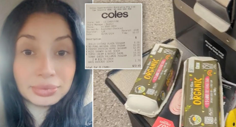 Alondra Gataé (left) her Coles receipt (centre) and the items she bought (right).