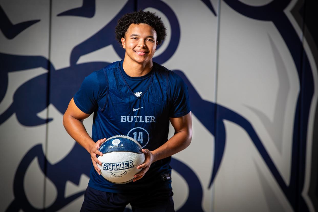 Buttler University basketball player Landon Moore at Media Day on Wednesday, Oct. 17, 2023, in the Buttler University practice gym in Indianapolis.