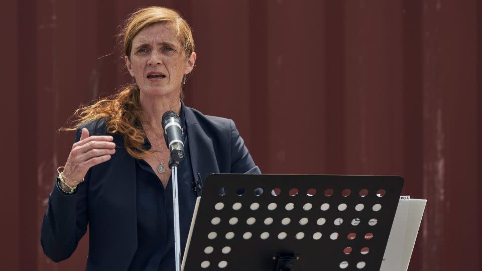 U.S. Agency for International Development Administrator Samantha Power speaks during a news conference at the Port of Odesa, in Odesa, Ukraine, Tuesday, July 18, 2023. (AP Photo/Libkos) - Libkos/AP