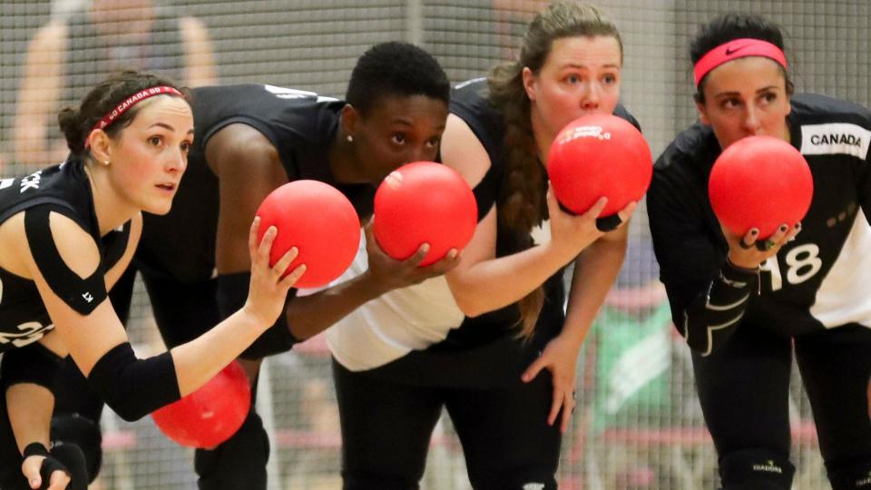 Canada's team discuss dodgeball tactics behind foam balls
