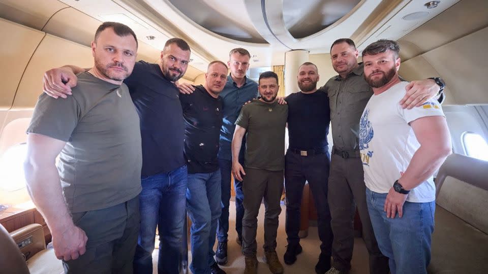 Zelensky pictured with Azovstal commanders as they return to Ukraine from Istanbul. - Ukrainian Presidential Press Service/Handout/Reuters