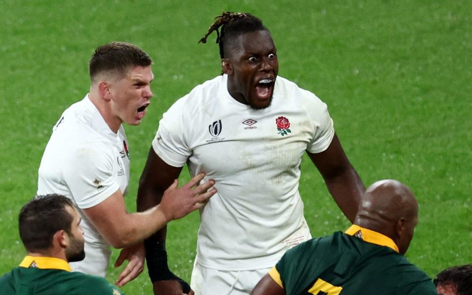 Maro Itoje (centre) is pumped up