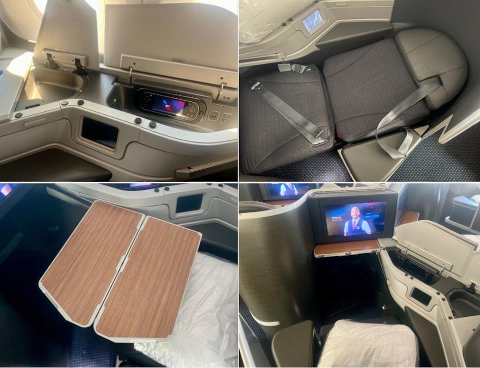 American's business class lie-flat bed, tray table, TV, and storage in a photo collage.