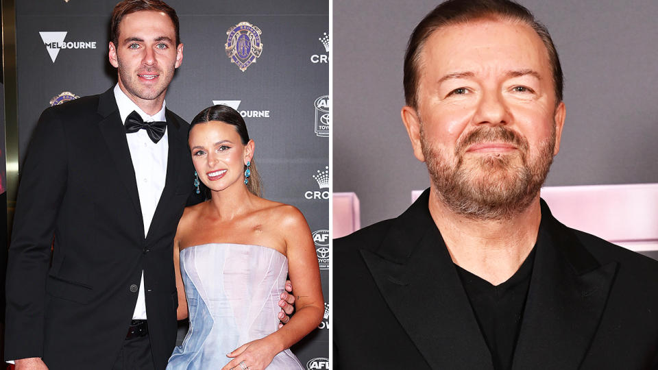 Kellie and Jeremy Finlayson, pictured here alongside Ricky Gervais.