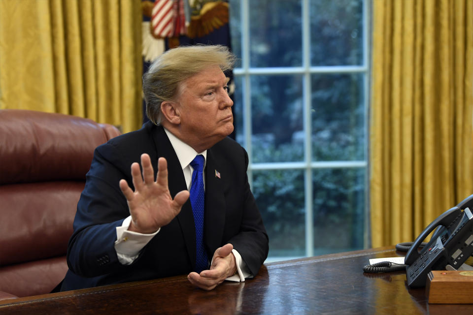 President Donald Trump speaks as he meets with Chinese Vice Premier Liu He in the Oval Office of the White House in Washington, Friday, Feb. 22, 2019. (AP Photo/Susan Walsh)