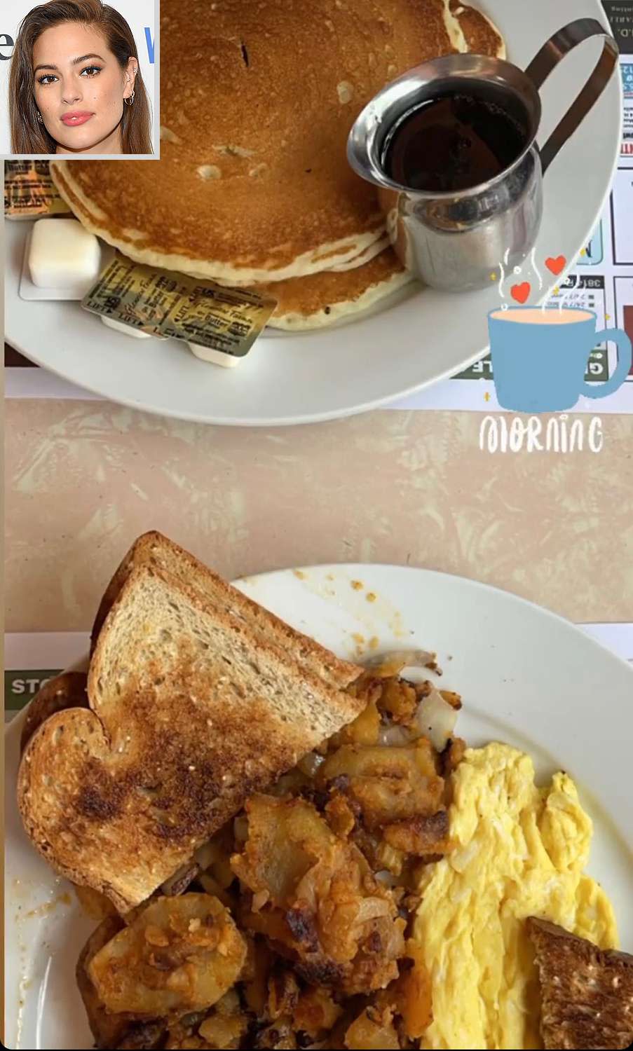 <p>The model had a true <a href="https://www.instagram.com/ashleygraham/" rel="nofollow noopener" target="_blank" data-ylk="slk:diner-style breakfast;elm:context_link;itc:0;sec:content-canvas" class="link ">diner-style breakfast</a> of pancakes and syrup, eggs, toast, and home fries. </p>