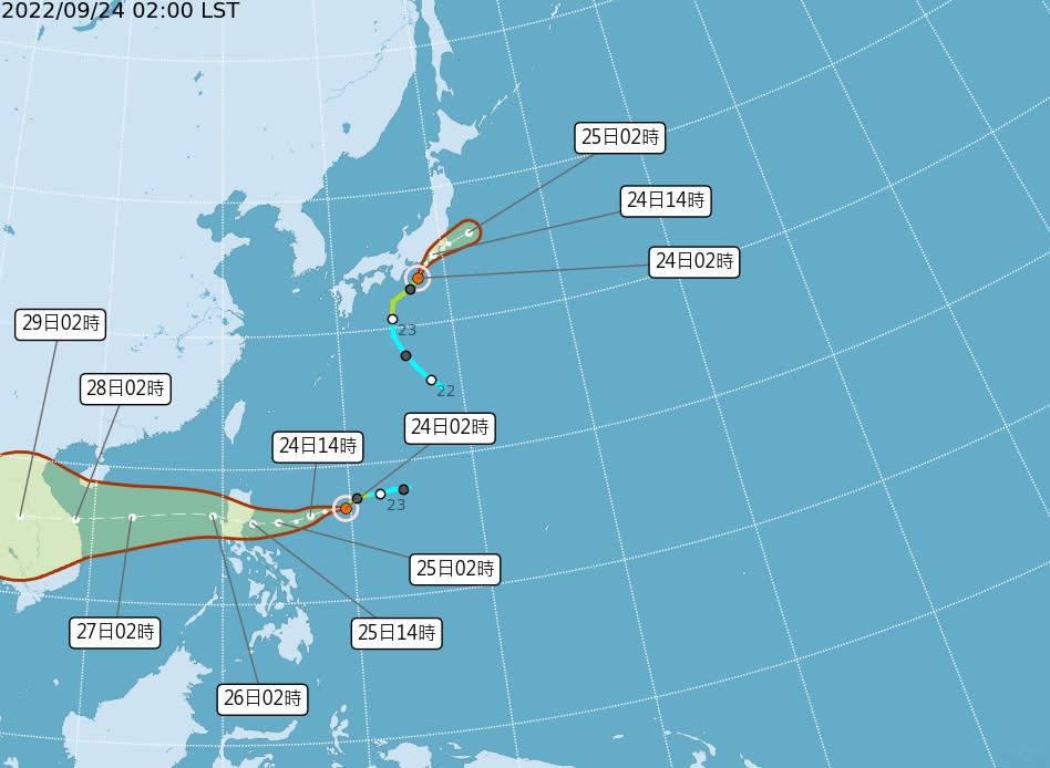 第15號颱風「塔拉斯」持續朝日本移動，即將變性為溫帶氣旋；第16號颱風「諾魯」持續以偏西的方向朝呂宋島移動，之後將進入南海再往中南半島前進，對台灣無直接影響。   圖/中央氣象局