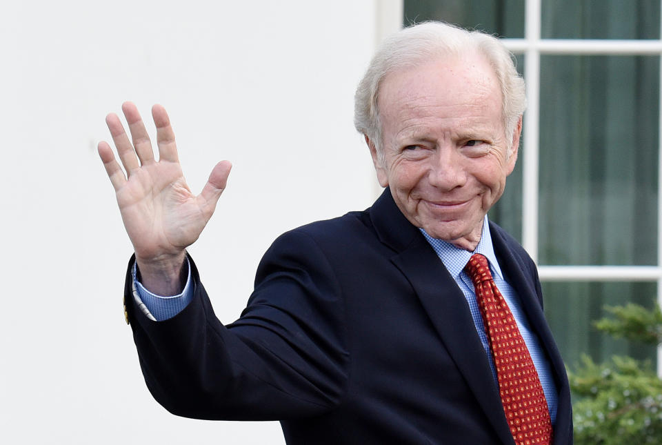 Former Sen.&nbsp;Joe Lieberman leaves the West Wing of the White House after meeting with President Donald Trump on&nbsp;Wednesday.&nbsp; (Photo: OLIVIER DOULIERY via Getty Images)