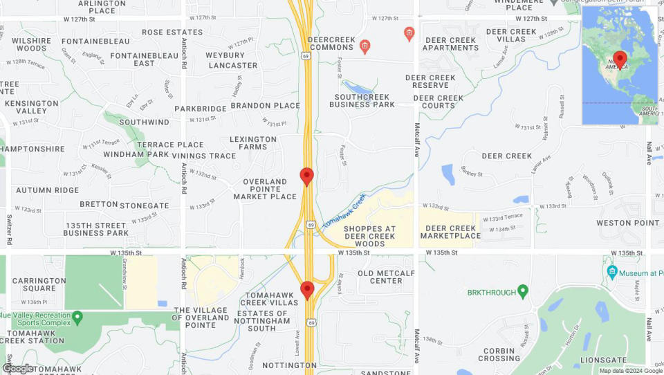 A detailed map that shows the affected road due to 'Overland Park: US-69 temporarily closed' on May 29th at 2:06 p.m.