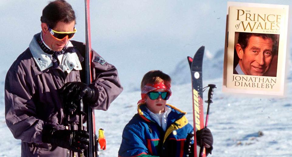 Charles and Harry on a skiing holiday in 1994 in Switzerland. (Getty) 