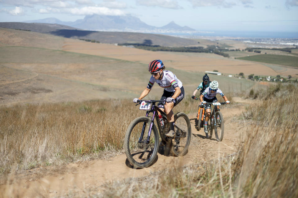 Kim Le Court and Vera Looser during the Prologue of the 2023 Absa Cape Epic Mountain Bike stage race held at Meerendal Wine Estate, Durbanville, Cape Town, South Africa on the 19th March 2023. Photo by Nick Muzik/Cape Epic
PLEASE ENSURE THE APPROPRIATE CREDIT IS GIVEN TO THE PHOTOGRAPHER AND ABSA CAPE EPIC