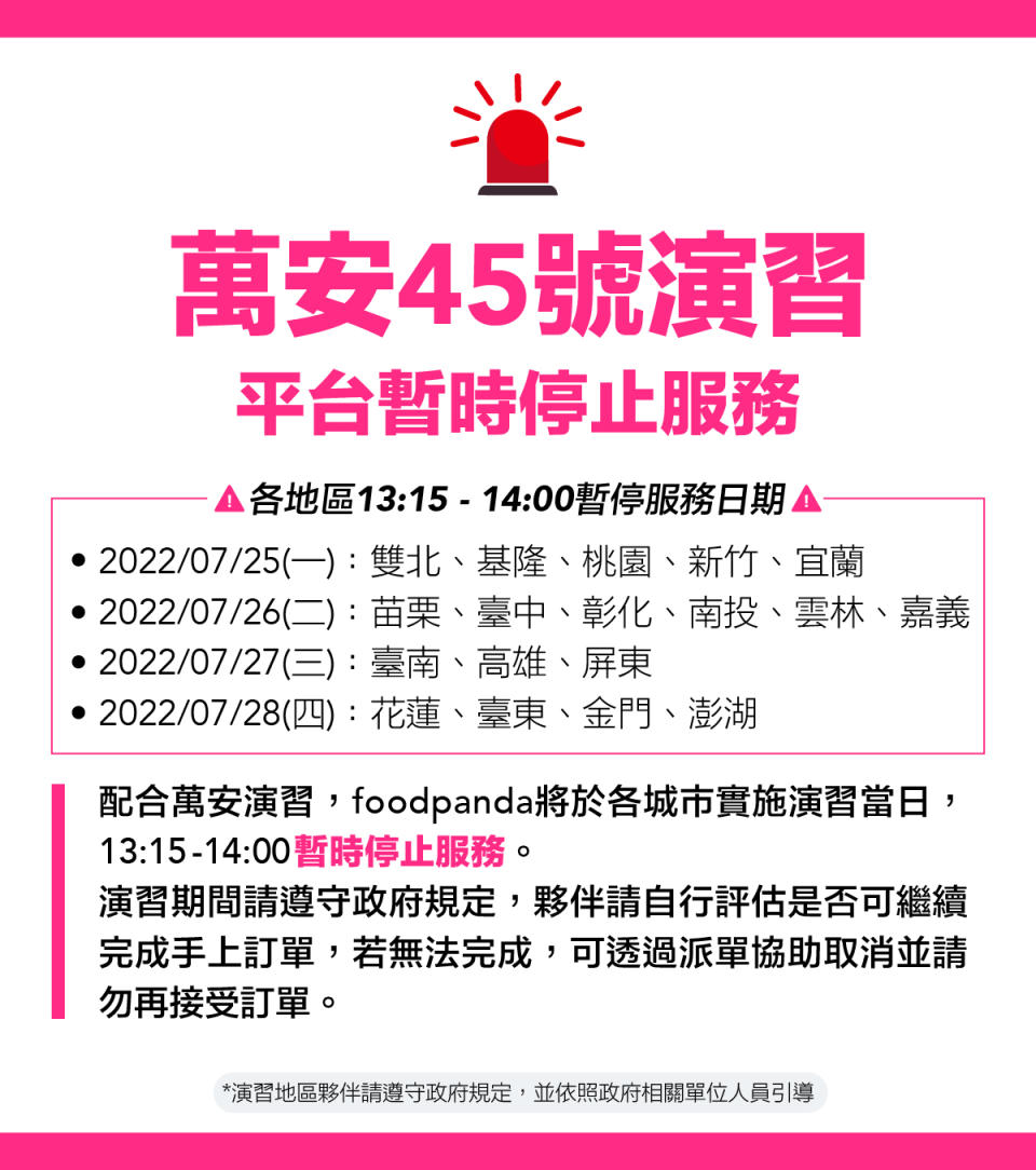 外送平台Foodpanda也將於各城市實施演習當日，13:15-14:00暫時停止服務。