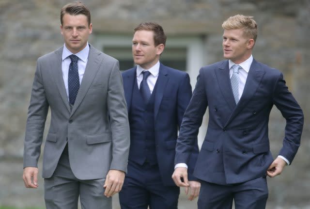 England cricket players Jos Buttler (left), Eoin Morgan (centre) and Sam Billings (right). (Steve Prsons/PA)