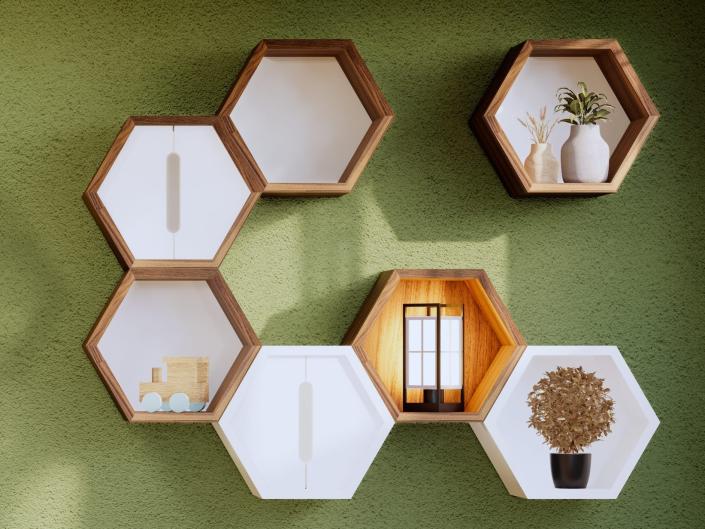 It can be difficult to figure out what to put on a geometric shelf.